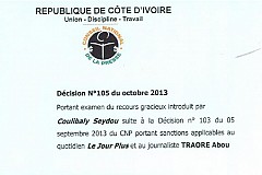 Décision du CNP portant examen du recours gracieux introduit par le Journaliste Coulibaly Seydou